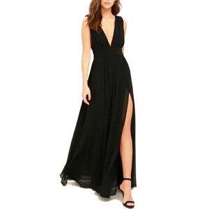 NWT $89 Lulus Heavenly Hues Plunge Maxi Dress S Black Ruched Chiffon